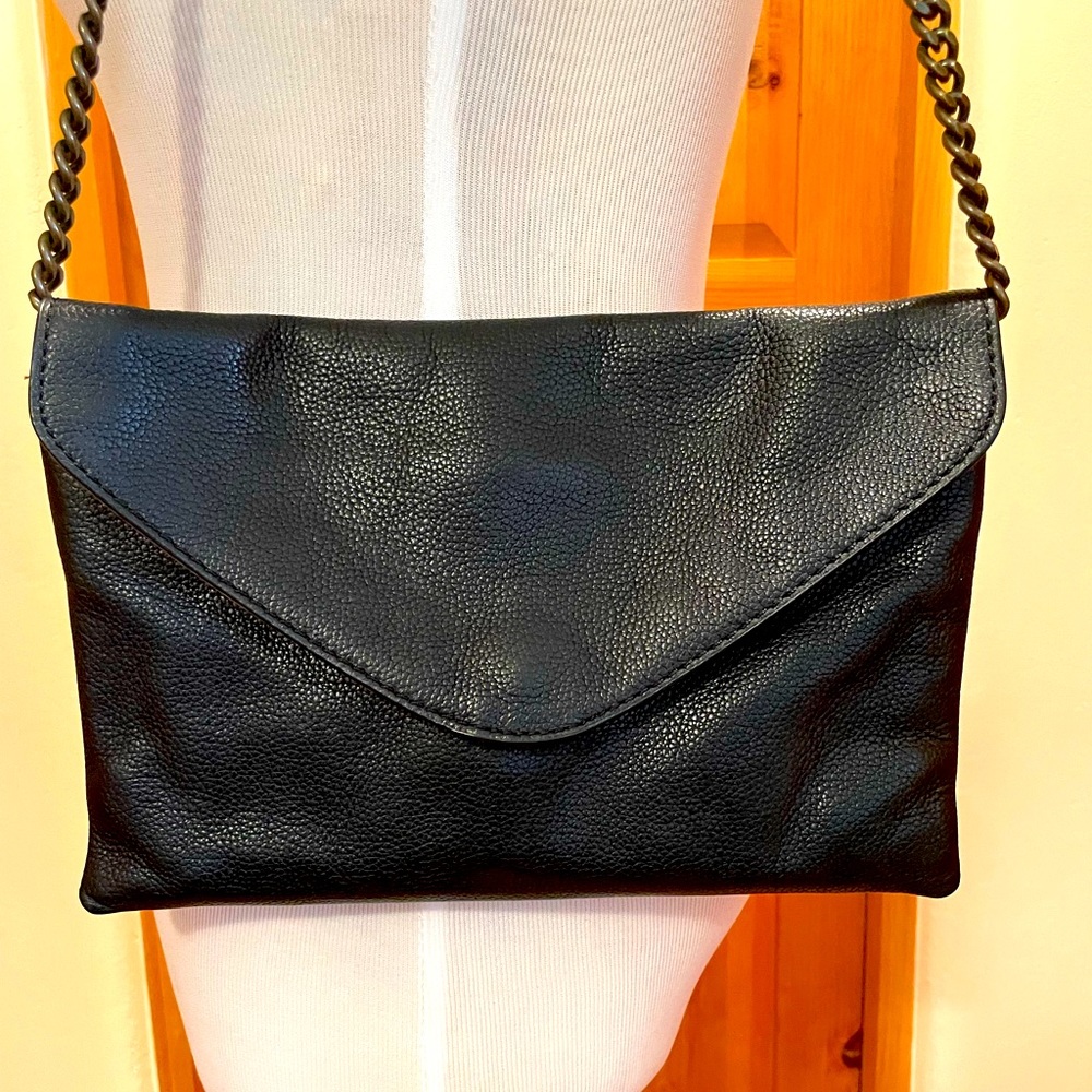 J. Crew Envelope Clutch Bag Invitation Black Leather - Picture 1 of 6